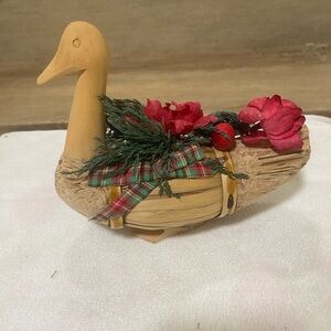 Vintage Corn Husk & Wood Duck Figurine Floral Rustic Holiday Decor